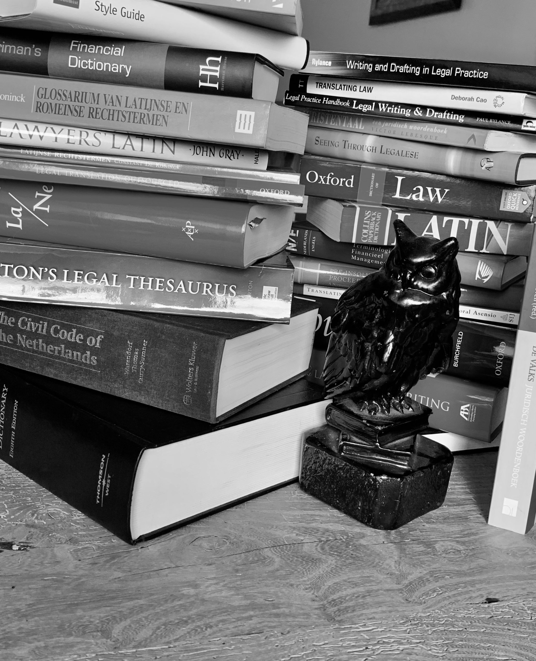 Statue of owl in front of stack of legal dictionaries and text books for corporate law and commercial litigation